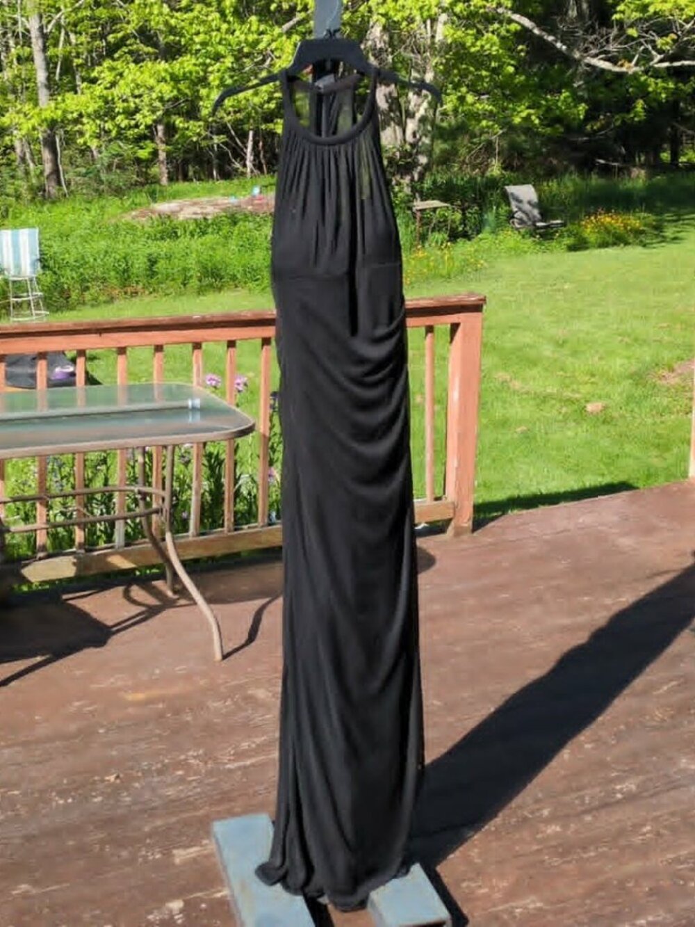 David's Bridal Black Formal Dress Sz 14 Maxi High Neck Sheer Sexy Side Drape Lay